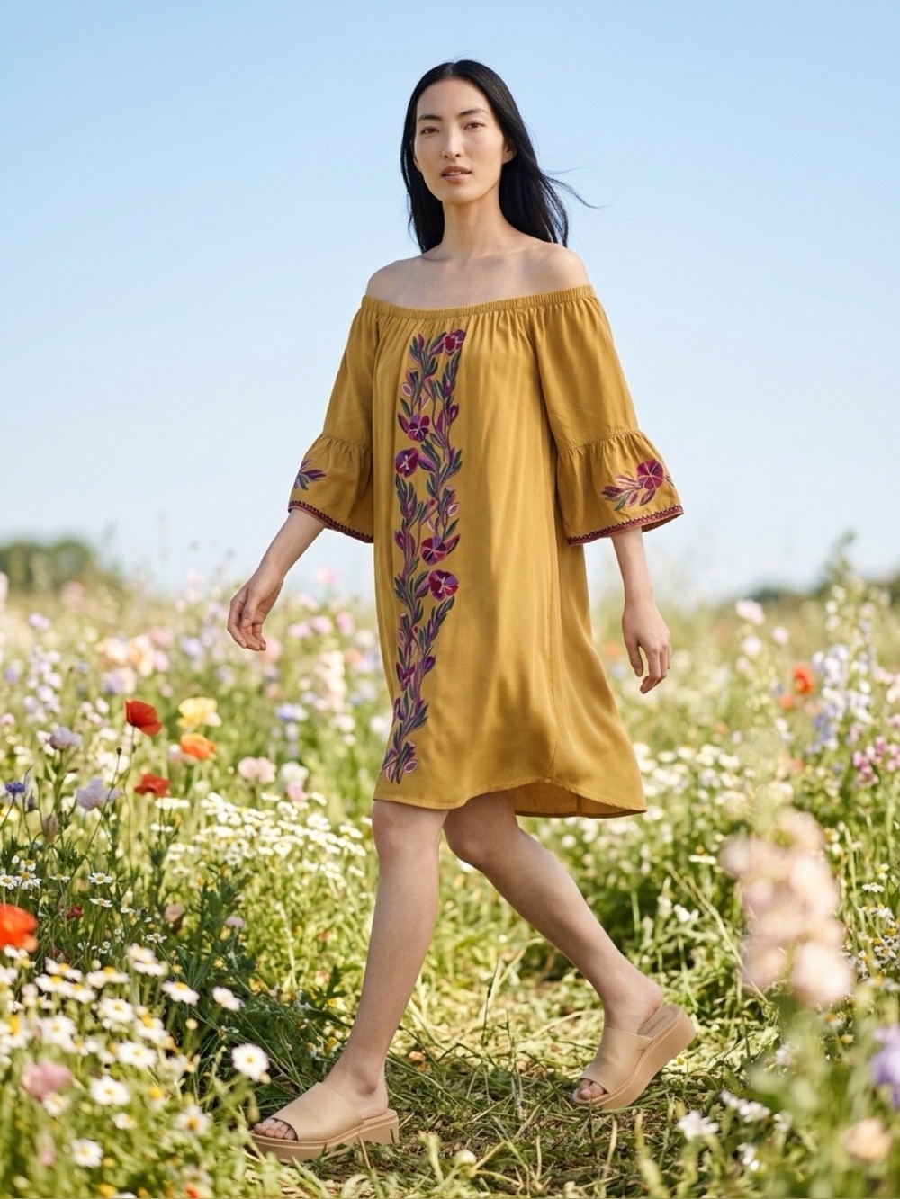 Solitaire Mustard Tunic with Multicolor Floral Embroidery